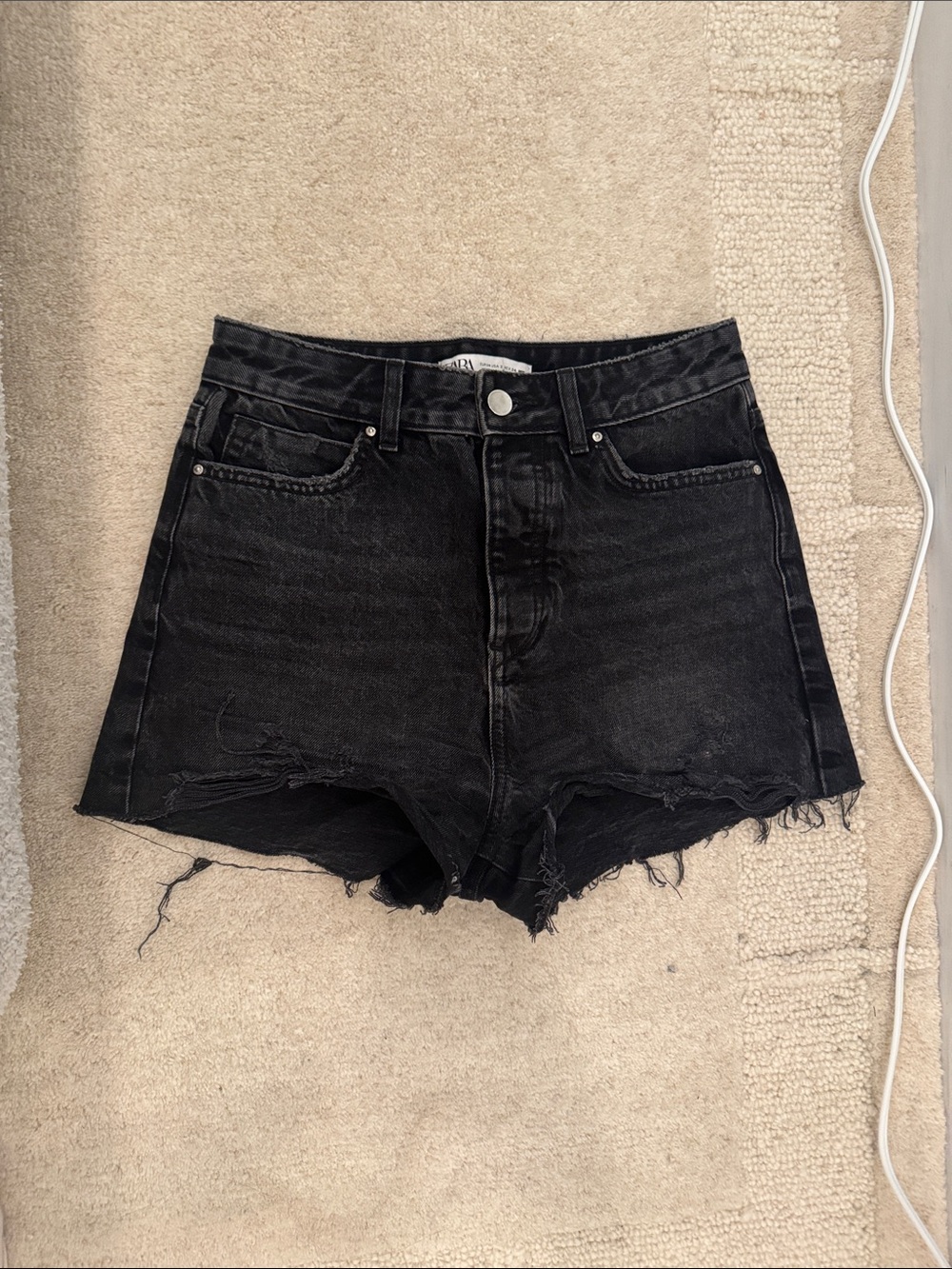 Zara Black High-Waist Distressed Denim Shorts